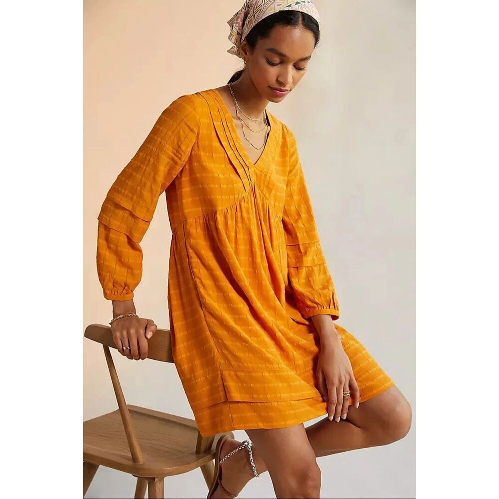 $160 ANTHROPOLOGIE Maeve Pintucked Collar v-neck Mini Dress size S gold